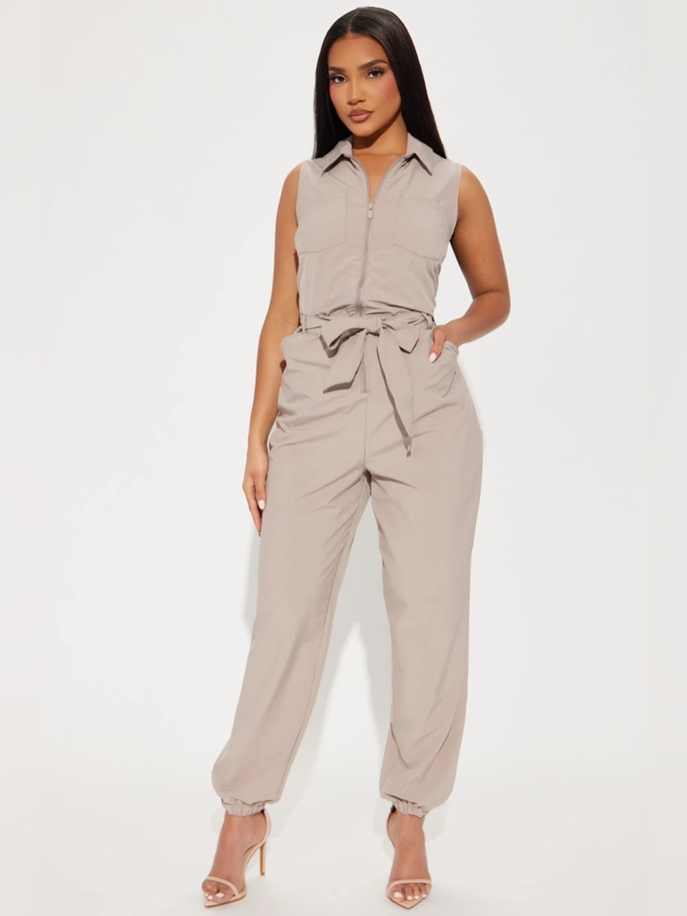 Fashion Nova Sleeveless Tie-Waist Jumpsuit - Beige Taupe